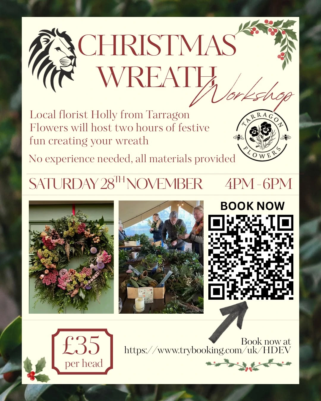 Christmas Wreath Workshop poster with a handmade wreath and guests arranging festive foliage